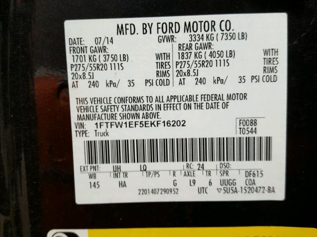 1FTFW1EF5EKF16202 - 2014 FORD F150 SUPER BLACK photo 10