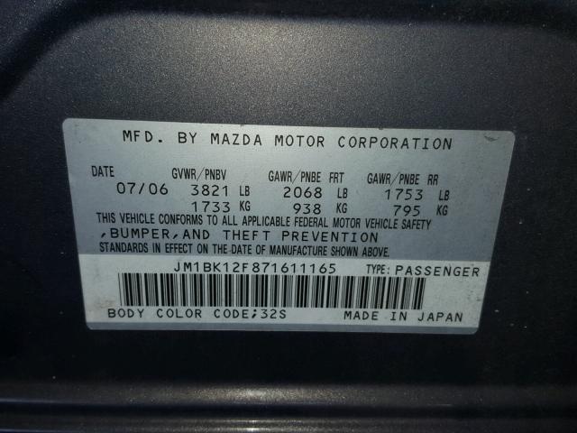 JM1BK12F871611165 - 2007 MAZDA 3 I GRAY photo 10