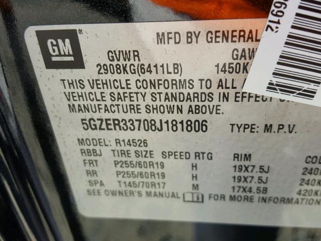 5GZER33708J181806 - 2008 SATURN OUTLOOK XR გრაფიტი ფოტო 10