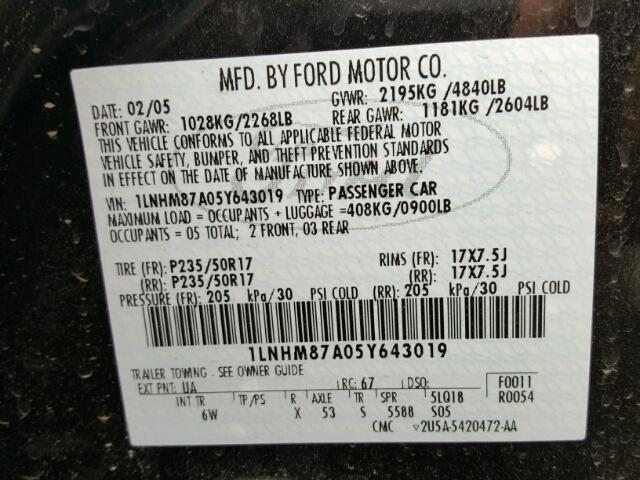 1LNHM87A05Y643019 - 2005 LINCOLN LS BLACK photo 10