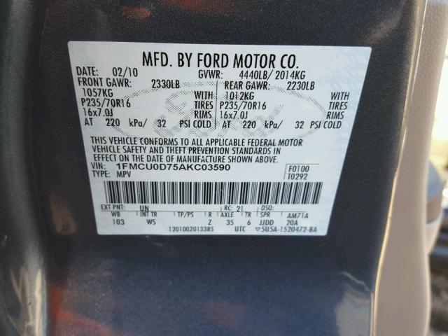 1FMCU0D75AKC03590 - 2010 FORD ESCAPE XLT BLUE photo 10