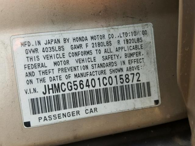 JHMCG56401C015872 - 2001 HONDA ACCORD LX GOLD photo 10