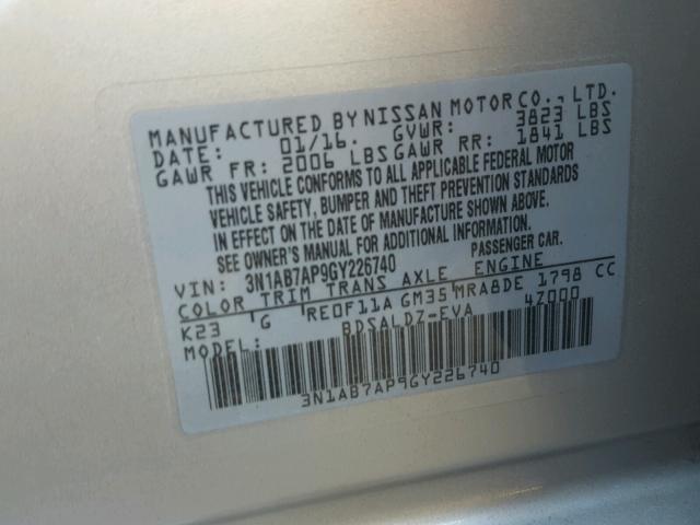 3N1AB7AP9GY226740 - 2016 NISSAN SENTRA S SILVER photo 10