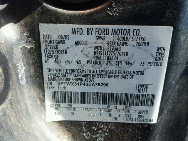 1FTWX31P46EA75296 - 2006 FORD F350 SRW S GRAY photo 10