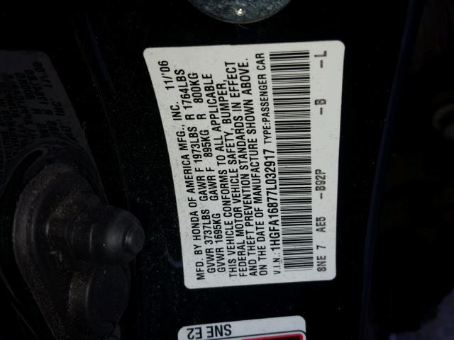 1HGFA16877L032917 - 2007 HONDA CIVIC EX შავი ფოტო 10