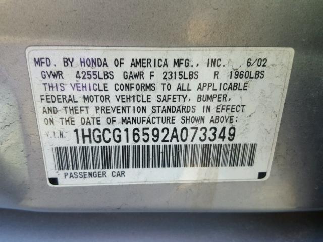 1HGCG16592A073349 - 2002 HONDA ACCORD EX SILVER photo 10