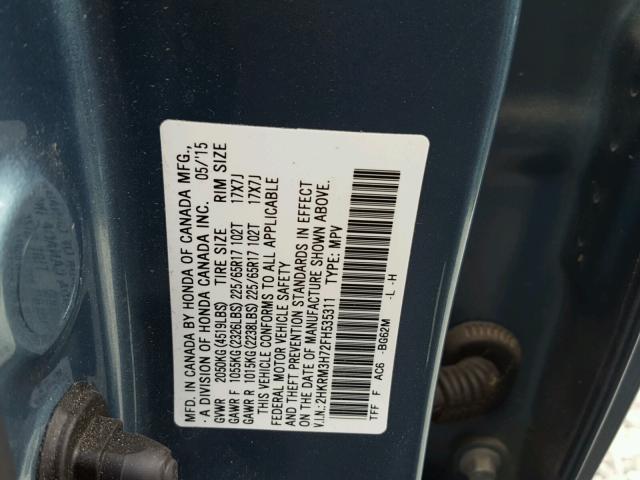 2HKRM3H72FH535311 - 2015 HONDA CR-V EXL BLUE photo 10