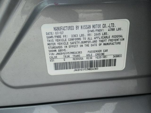 JNKBV61F57M824383 - 2007 INFINITI G35 GRAY photo 10