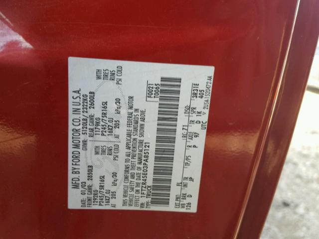1FTZR45E03PA85121 - 2003 FORD RANGER SUP RED photo 10