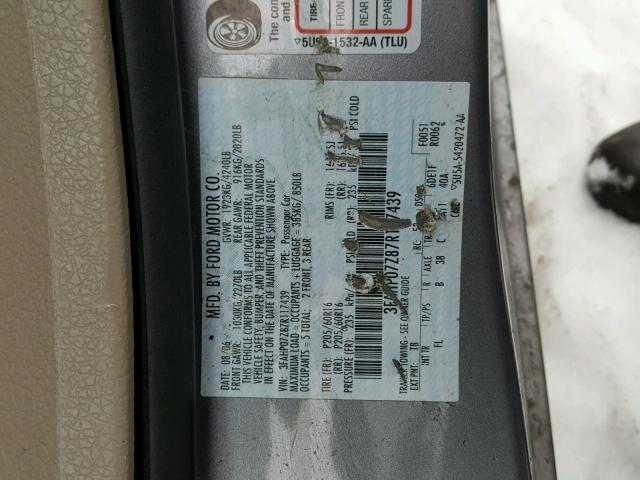 3FAHP07Z87R117439 - 2007 FORD FUSION SE GRAY photo 10