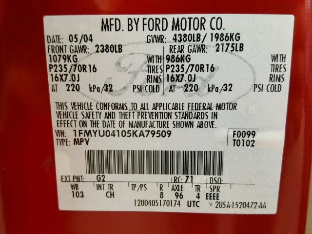 1FMYU04105KA79509 - 2005 FORD ESCAPE LIM RED photo 10