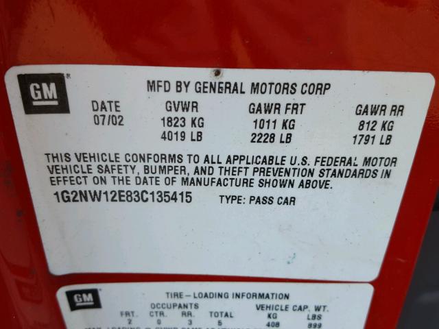 1G2NW12E83C135415 - 2003 PONTIAC GRAND AM G RED photo 10