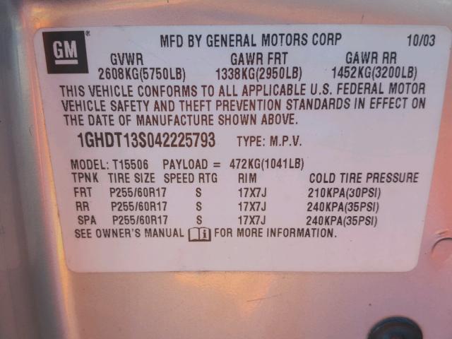 1GHDT13S042225793 - 2004 OLDSMOBILE BRAVADA SILVER photo 10