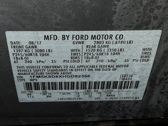 1FM5K8D8XHGD82356 - 2017 FORD EXPLORER X SILVER photo 10