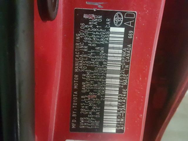 2T1KR32E77C638772 - 2007 TOYOTA COROLLA MA RED photo 10