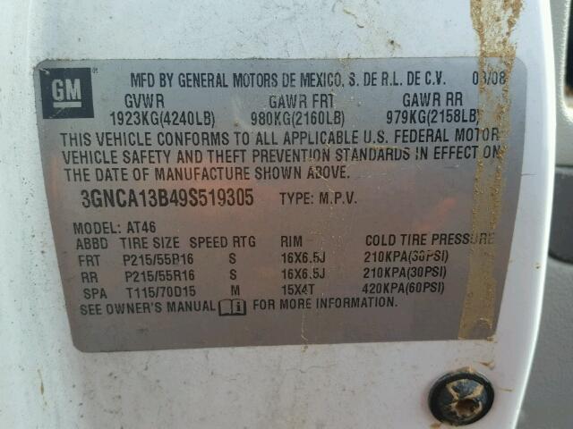 3GNCA13B49S519305 - 2009 CHEVROLET HHR LS WHITE photo 10