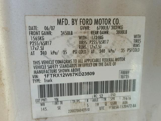 1FTRX12W67KD23509 - 2007 FORD F150 SILVER photo 10