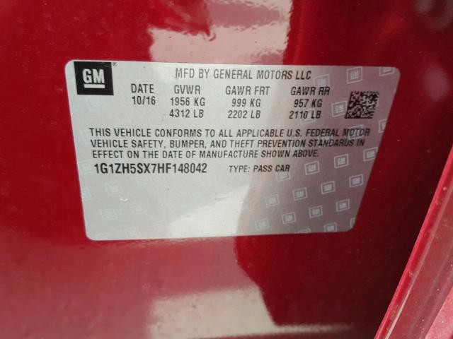 1G1ZH5SX7HF148042 - 2017 CHEVROLET MALIBU PRE 红色 照片 10