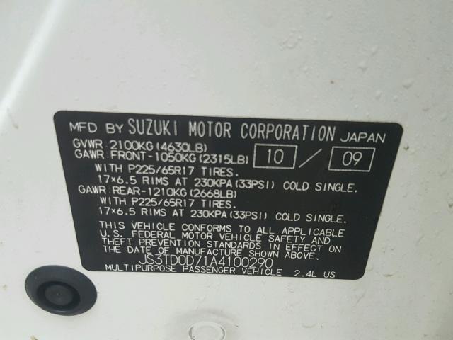 JS3TD0D71A4100290 - 2010 SUZUKI GRAND VITA WHITE photo 10