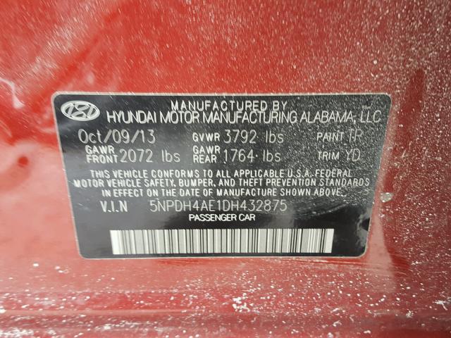 5NPDH4AE1DH432875 - 2013 HYUNDAI ELANTRA GL RED photo 10