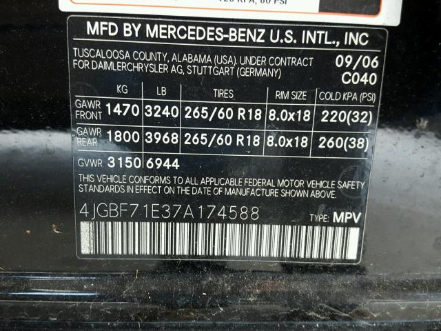 4JGBF71E37A174588 - 2007 MERCEDES-BENZ GL 450 4MA BLACK photo 10