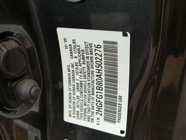 2HGFG1B80AH502276 - 2010 HONDA CIVIC EX ვერცხლისფერი ფოტო 10