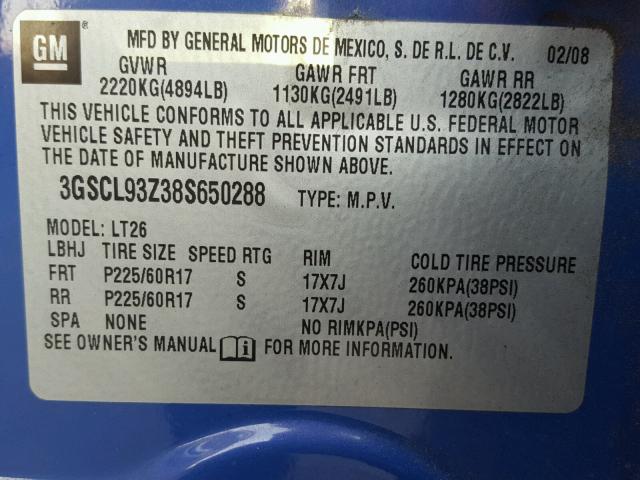 3GSCL93Z38S650288 - 2008 SATURN VUE HYBRID BLUE photo 10