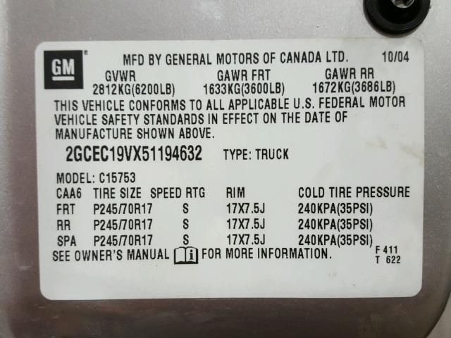 2GCEC19VX51194632 - 2005 CHEVROLET SILVERADO GRAY photo 10