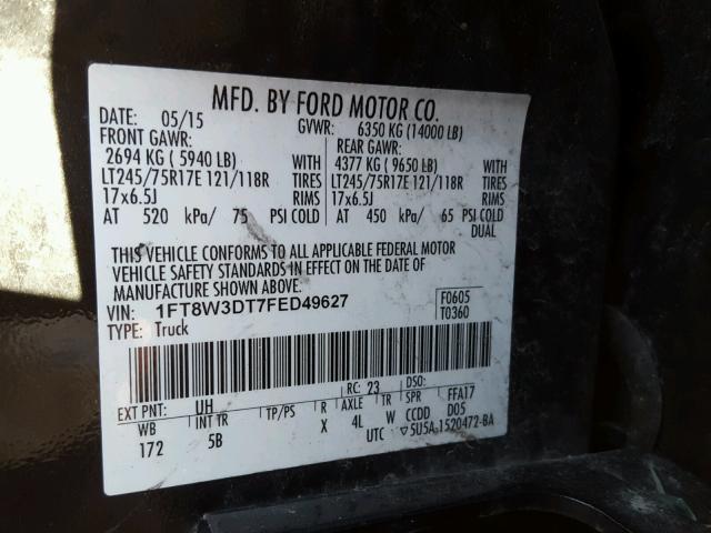 1FT8W3DT7FED49627 - 2015 FORD F350 SUPER BLACK photo 10