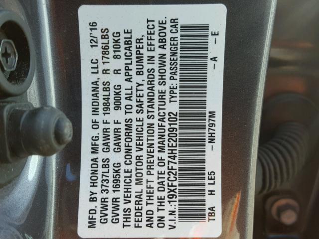 19XFC2F74HE209102 - 2017 HONDA CIVIC EX გრაფიტი ფოტო 10