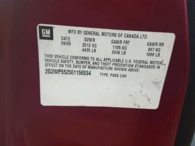 2G2WP552561156534 - 2006 PONTIAC GRAND PRIX MAROON photo 10