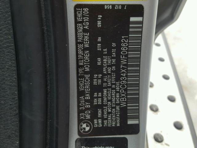 WBXPC934X7WF06621 - 2007 BMW X3 3.0SI SILVER photo 10