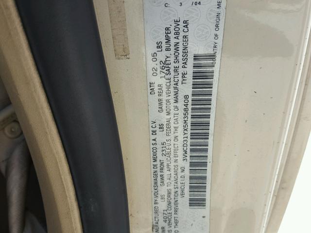 3VWCD31YX5M358408 - 2005 VOLKSWAGEN NEW BEETLE 奶油色 照片 10