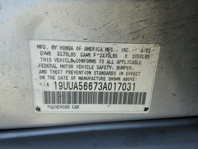 19UUA56673A017031 - 2003 ACURA 3.2TL SILVER photo 10