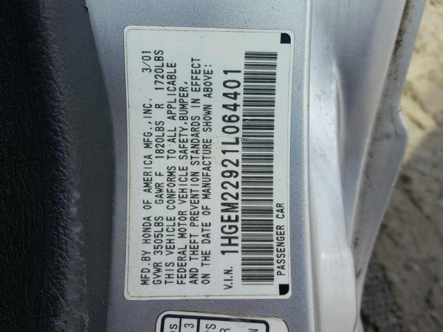 1HGEM22921L064401 - 2001 HONDA CIVIC SI SILVER photo 10