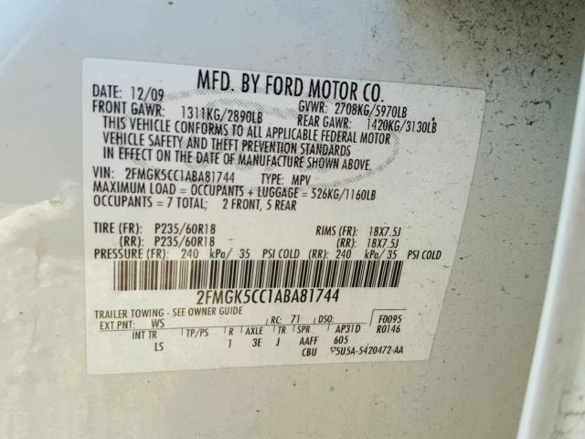 2FMGK5CC1ABA81744 - 2010 FORD FLEX SEL თეთრი ფოტო 10