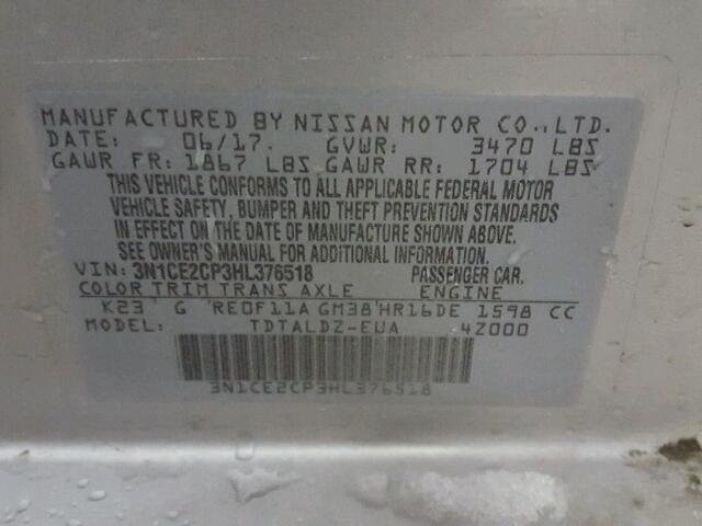 3N1CE2CP3HL376518 - 2017 NISSAN VERSA NOTE SILVER photo 10