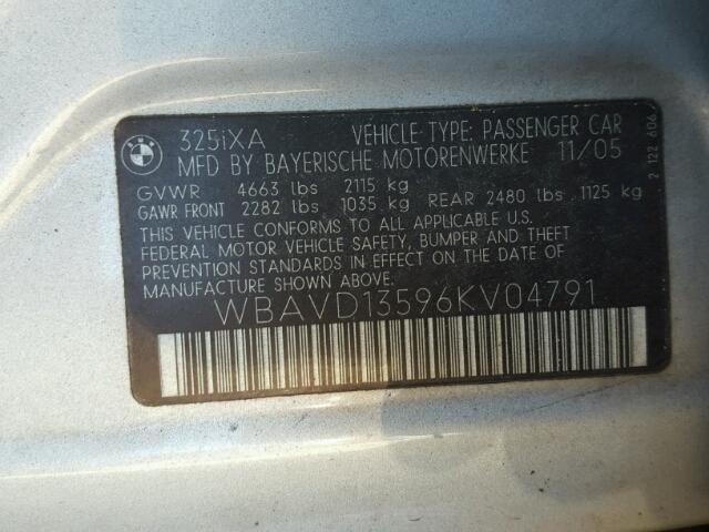 WBAVD13596KV04791 - 2006 BMW 325 XI SILVER photo 10