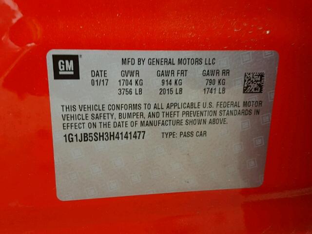 1G1JB5SH3H4141477 - 2017 CHEVROLET SONIC LS 红色 照片 10