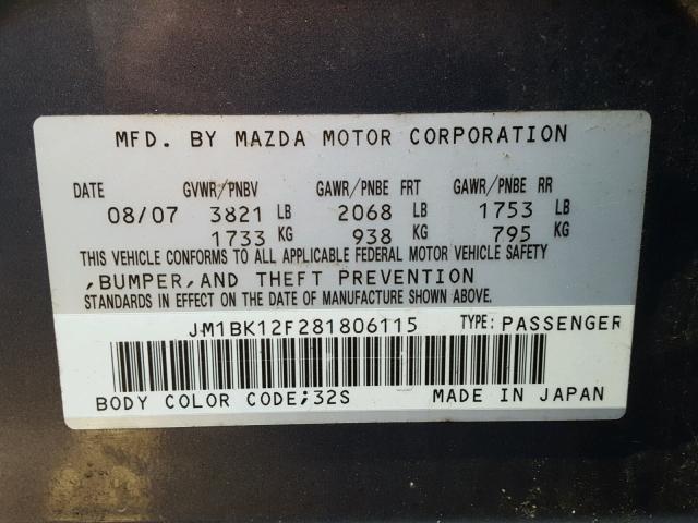 JM1BK12F281806115 - 2008 MAZDA 3 I GRAY photo 10