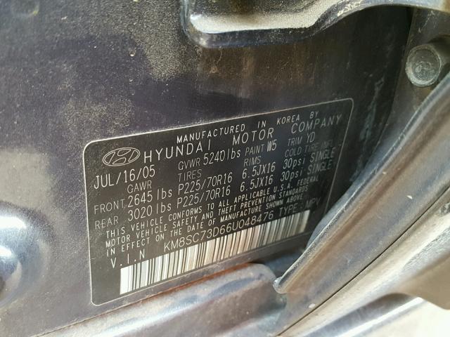 KM8SC73D66U048476 - 2006 HYUNDAI SANTA FE G CHARCOAL photo 10