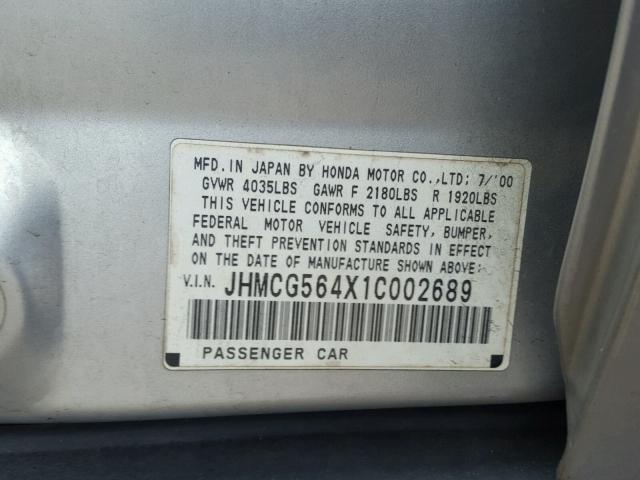 JHMCG564X1C002689 - 2001 HONDA ACCORD LX SILVER photo 10