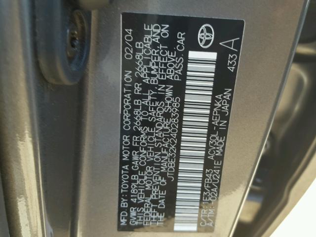 JTDBE32K240283985 - 2004 TOYOTA CAMRY LE GRAY photo 10