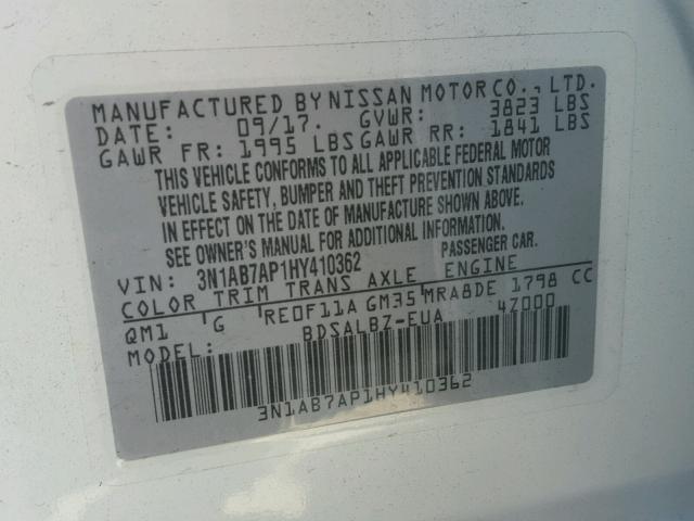 3N1AB7AP1HY410362 - 2017 NISSAN SENTRA S WHITE photo 10