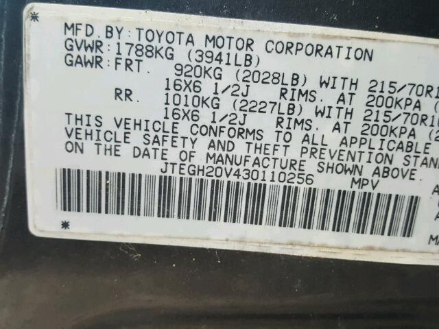 JTEGH20V430110256 - 2003 TOYOTA RAV4 GRAY photo 10