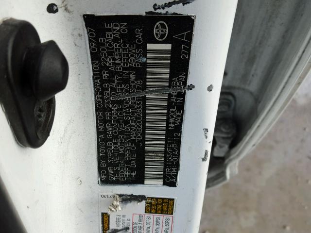 JTDKB20U283318178 - 2008 TOYOTA PRIUS WHITE photo 10