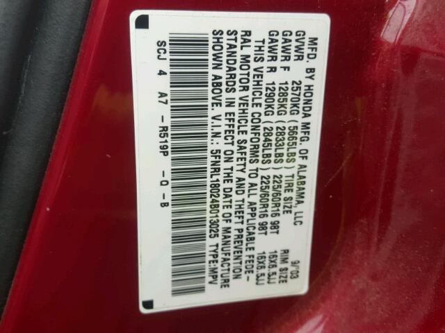 5FNRL18024B013025 - 2004 HONDA ODYSSEY EX MAROON photo 10