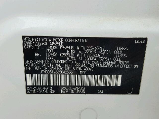 JTMBD31V665042533 - 2006 TOYOTA RAV4 LIMIT WHITE photo 10