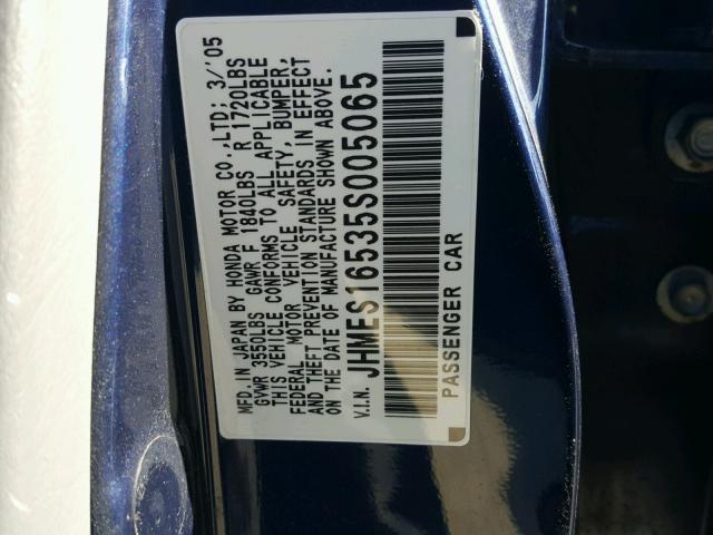 JHMES16535S005065 - 2005 HONDA CIVIC LX BLUE photo 10