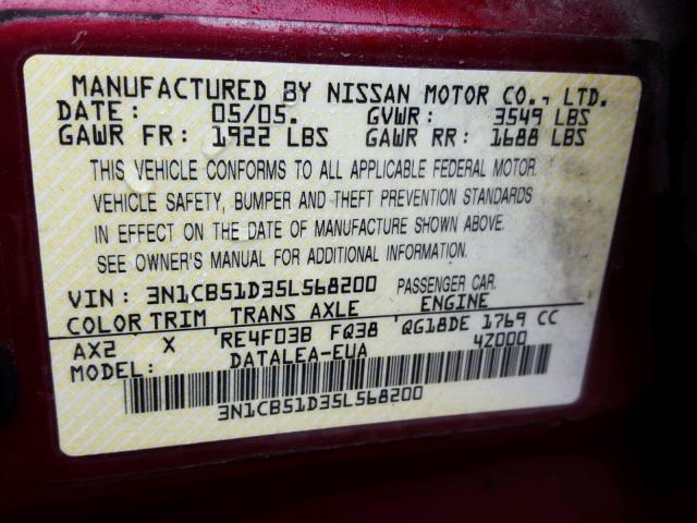 3N1CB51D35L568200 - 2005 NISSAN SENTRA 1.8 BURGUNDY photo 10